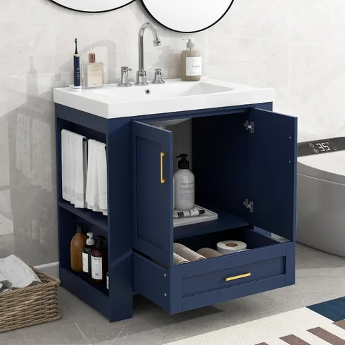 Vista 16 de Tocador de baño multifuncional de 30 pulgadas con lavabo individual, armario combinado de montaje inferior, marco de gabinete de baño de madera