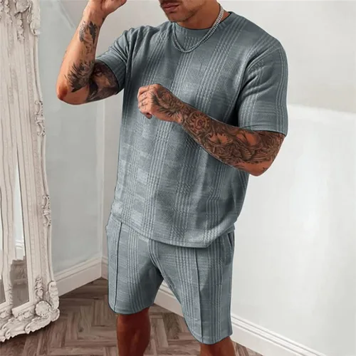 Vista 2 de Litetao Conjunto deportivo de verano para hombre, 2 piezas, camiseta de manga corta, camiseta y pantalones cortos, elegante y casual