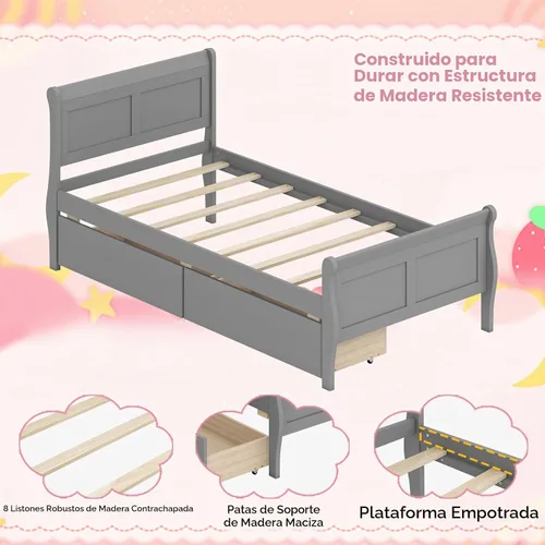 Vista 6 de KOMFOTT 2 camas individuales con 2 cajones, cama de almacenamiento individual con cabecero para dormitorio, marco de cama de madera de trineo