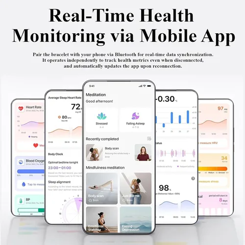 Vista 6 de Pulsera inteligente, rastreador de salud y fitness, monitor de corazón 24/7 y rastreador de sueño, pulsera multideporte con aplicación gratuita Negro