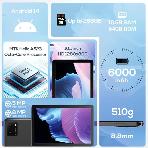 Vista 2 de Tablet Android 2025, tabletas Android 14 de 10.1 pulgadas con Octa-Core, 10GB+64GB, batería de 6000mAh, cámara de 5MP+8MP, pantalla IPS HD de 800 x