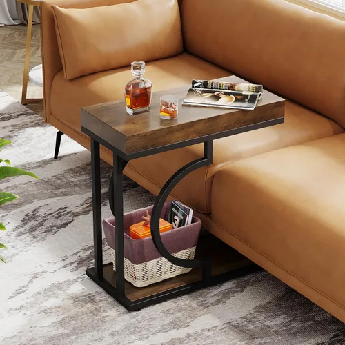 Vista 6 de Tribesigns Mesa auxiliar estrecha para sofá, mesa auxiliar en forma de C con marco de metal, mesas de noche modernas, mesas de sofá pequeñas