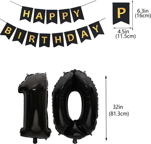 Vista 4 de Decoraciones de cumpleaños número 10 para niños, decoración negra de papel de aluminio de doble dígito, pancarta negra número 10 con globos