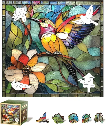 Vista 19 de Qiuenisray Rompecabezas de madera para adultos, rompecabezas de colibrí de vidrio emplomado de 200 piezas, rompecabezas de madera