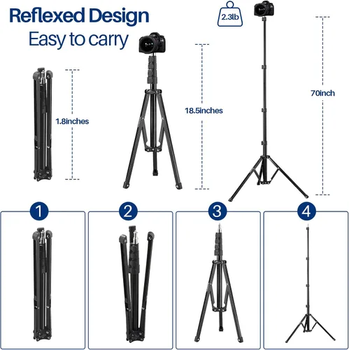 Vista 2 de WELLMAKING Soporte de luz, soporte de luz LED de 72 pulgadas, trípode de luz plegable inversa, 2 piezas estándar de 1/4 a 3/8 pulgadas, convertidor