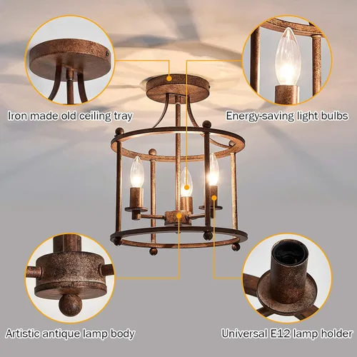 Vista 4 de UOFUS - Lámpara de techo de 3 luces estilo granja vintage, semiempotrada, en bronce rústico metálico, para isla, sala de estar, dormitorio, cocina