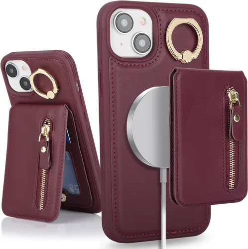Vista 23 de para iPhone 14 Funda con soporte magnético Magsafe compatible, llavero de cuero PU plegable con soporte desmontable, funda tipo cartera 2-en-1