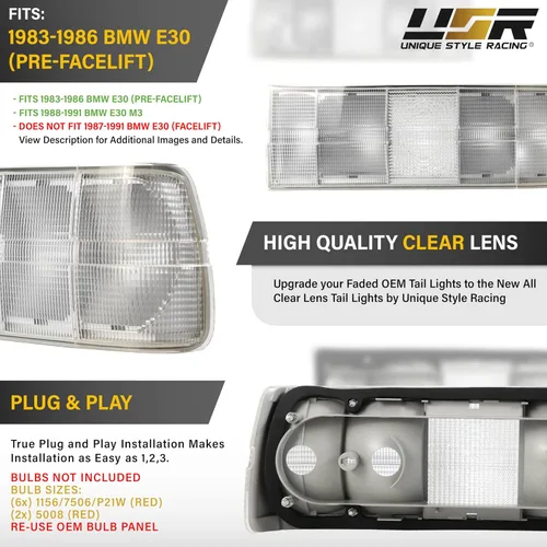 Vista 3 de USR Pre Face 84-86 E30 EURO OE Style Lente Clara Esmerilada Luz Trasera Set de Lámpara Trasera (Izquierda + Derecha) Compatible con 1984-1986 BMW
