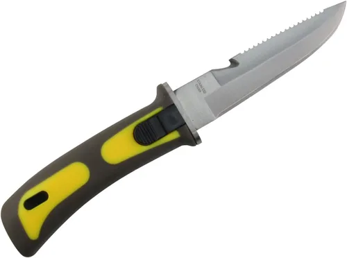 Vista 5 de TREASURE GURUS, LLC Cuchillo de buceo amarillo con hoja de acero inoxidable de 9 pulgadas con cortador de línea y correas para brazos o piernas