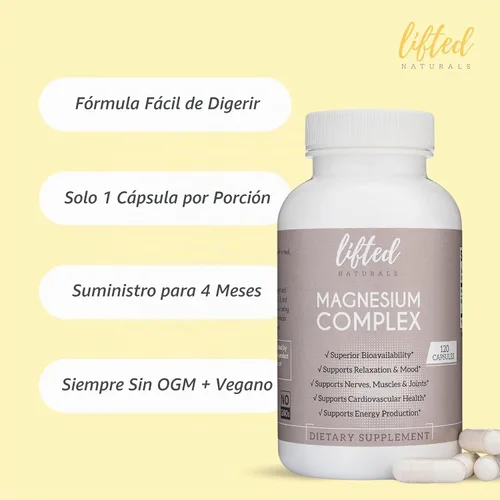 Vista 4 de Complejo de magnesio - Suplemento de magnesio Lifted Naturals con bisglicinato, malato, taurato - 120 cápsulas - Fórmula de magnesio biodisponible