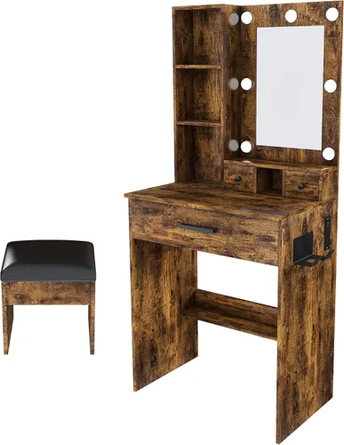 Vista 4 de Mesa de tocador con espejo y luces LED ajustables, soporte para secador de pelo, cajones de almacenamiento y taburete, escritorio compacto