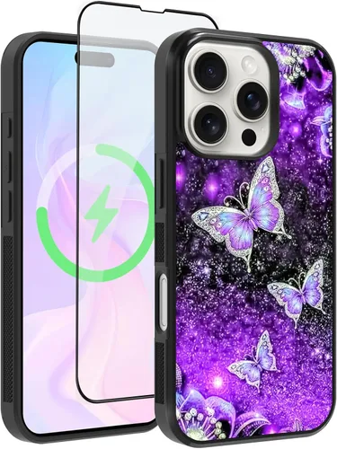 Vista 17 de OOK Diseños para iPhone 14 Pro Max Funda con Purpurina Mariposa Púrpura Diseño de Nebulosa Espacial PC Duro + TPU Suave Parachoques Antideslizante