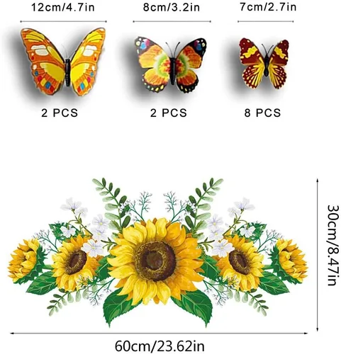 Vista 3 de Calcomanías de pared de girasol con mariposa 3D, calcomanías de pared de flores amarillas, SPRT impermeable y extraíble, calcomanías de pared