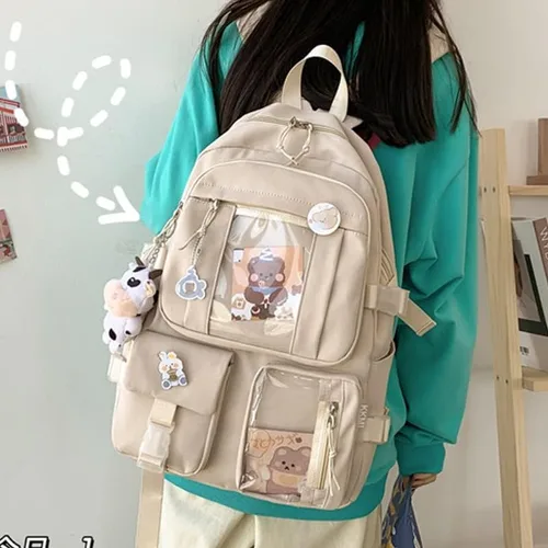 Vista 2 de Mochila Kawaii con alfileres Kawaii mochila escolar linda mochila estética linda mochila Kawaii para la escuela, Beige, With Accessories