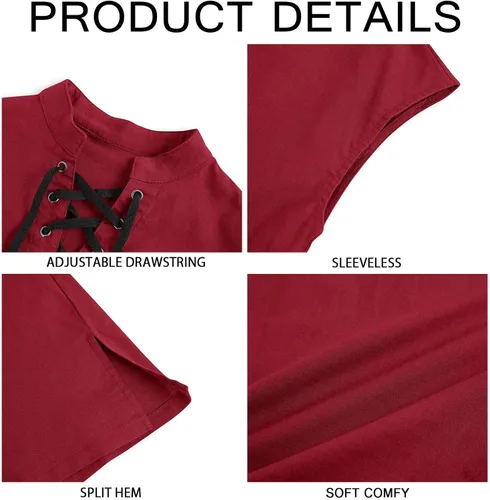 Vista 5 de Camisetas de pirata renacentista para niños, estilo vikingo, medieval, sin mangas, con cordones, de algodón escocés