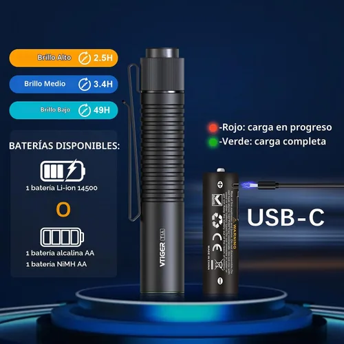 Vista 6 de VTIGER T1A Mini Linterna EDC de Bolsillo con Clip, 1300 Lúmenes Linterna Compacta AA Recargable LED Pequeña, Interruptor de Cola Súper Brillante