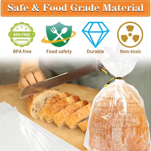 Vista 3 de Bolsas de pan con lazos, 100 bolsas de pan transparentes para pan casero y 100 lazos, bolsas de pan ajustables reutilizables de plástico, bolsas