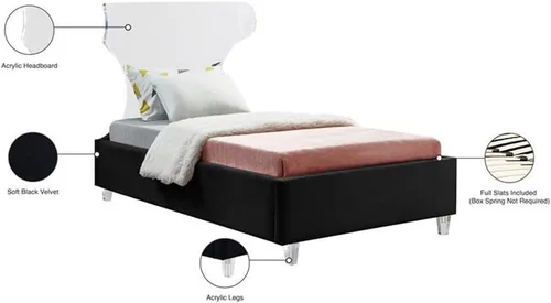 Vista 5 de Meridian Furniture Colección Ghost Modern Cama tapizada de terciopelo contemporánea con cabecera y patas acrílicas, tamaño individual, color negro