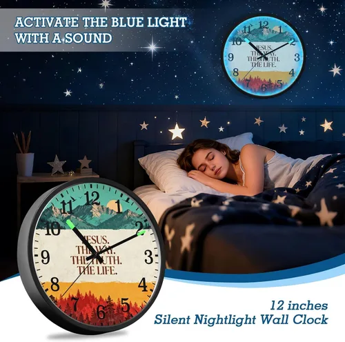 Vista 7 de Reloj moderno luminoso activado por voz silencioso sin tictac, funciona con pilas, reloj retro cristiano Jesús Faith de 12 pulgadas para oficina