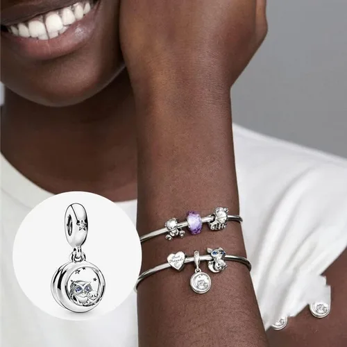 Vista 4 de Dijes de plata de ley 925 para pulseras y collares de animales delfín búho cuentas de viaje para árbol familiar, regalo de joyería para mujeres