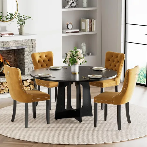 Vista 25 de Mesa de comedor redonda estilo granja para 6, mesa de cocina circular de 47" MDF con acabado de grano de madera, mesa de cocina y comedor de madera