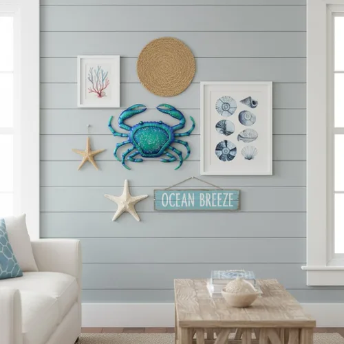Vista 3 de Comfy Hour Decoración de pared de cangrejo de metal azul de 12 pulgadas, escultura temática náutica del océano, arte costero decorativo para playa