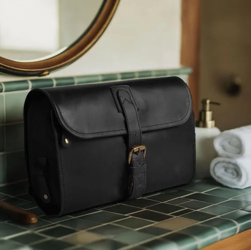 Vista 6 de LEATHER VILLAGE DOPP-3, Negro Genuine Buff Leather, 11X7 In Folded & 20X11 In Open, Ykk Zippers, Brass Hook,Water Resistant Canvas Lining, For Men