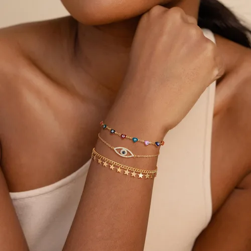 Vista 2 de Dremmy Studios Pulsera de oro para mujer, chapada en oro de 18 quilates, delicado clip de circonita cúbica, disco de moneda, estrella, cable
