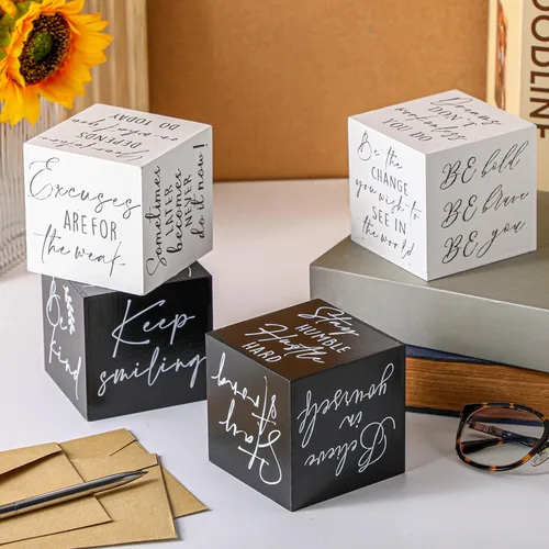Vista 3 de Pinkunn 4 piezas inspiradoras de decoración de escritorio, regalo para hombres y mujeres, mini letreros inspiradores de madera para decoración