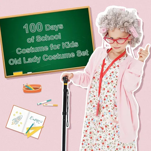 Vista 4 de FAYBOX 9 pcs Old Lady Costume for Kids,Old Lady Wig 100 Days of School Costume for Girls,Halloween Granny Grandma Dress Up