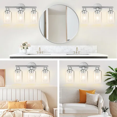 Vista 4 de Accesorios de Iluminación de Baño Watyo, Lámpara de Tocador Cromada, Plata, 3 Luces, Apliques Modernos para Baño con Pantallas de Vidrio