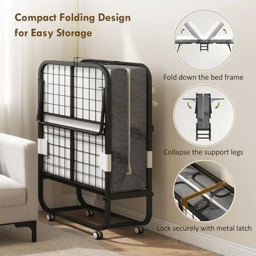 Vista 6 de HOMCOM Cama plegable con colchón para adultos, tamaño individual largo, cama plegable portátil con colchón de espuma de 4 pulgadas y marco de acero