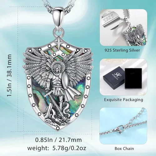 Vista 7 de AEONSLOVE Collar de San Miguel para hombres y mujeres, plata de ley 925, colgante de arcángel de San Miguel con madreperla de San Miguel collar