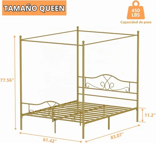 Vista 2 de Weehom - Base de cama con dosel tamaño queen con cabecera y estribo, base de colchón de plataforma metálica con cuatro postes, almacenamiento debajo