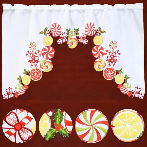 Vista 2 de Juego de cortinas bordadas de bastón de caramelo para ventana de cocina con cenefa y niveles para las fiestas navideñas (Bastón de caramelo)