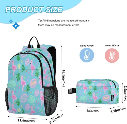 Vista 2 de Verano Flamingo Rosa Azul Mochila Para La Escuela Con Bolsa De Almuerzo Bolsa Con Lonchera Para Niñas 9-10 años Mochilas Y Loncheras Escuelas Para