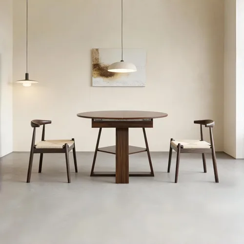 Vista 3 de Juego de mesa de comedor, juego de mesa de cocina redonda a ovalada expandible con 2 sillas de cuerda tejida, mesa de pedestal de madera con estante