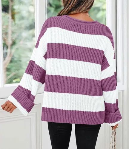 Vista 72 de ZESICA Suéter tejido sin botones de manga larga y cuello redondo, a rayas, bloques de color, cómodo, holgado, talla extragrande para mujer de 2024