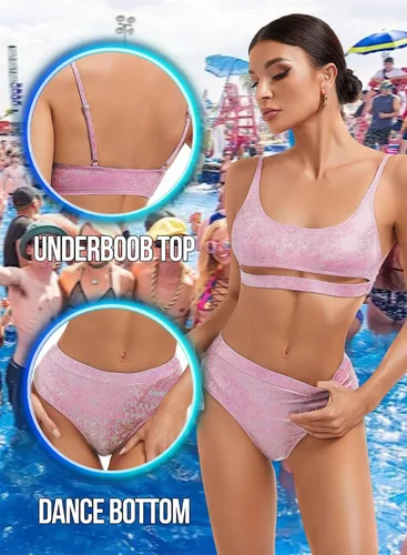 Vista 2 de Trajes de rave con purpurina para mujer, traje de baño holográfico metálico EDM para festival de música, sexy, debajo del busto, parte inferior