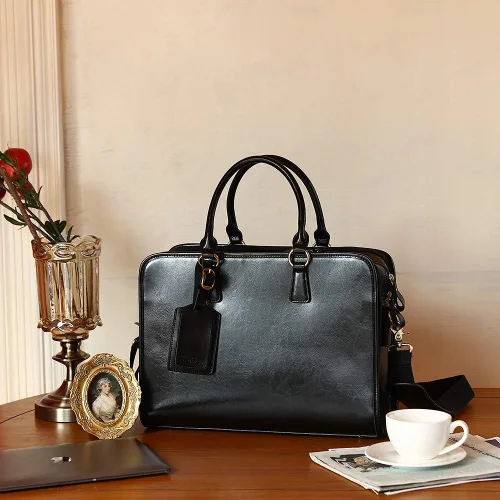 Vista 6 de Kattee Maletín de cuero genuino para mujer bolsa de laptop de gran capacidad con etiqueta de equipaje