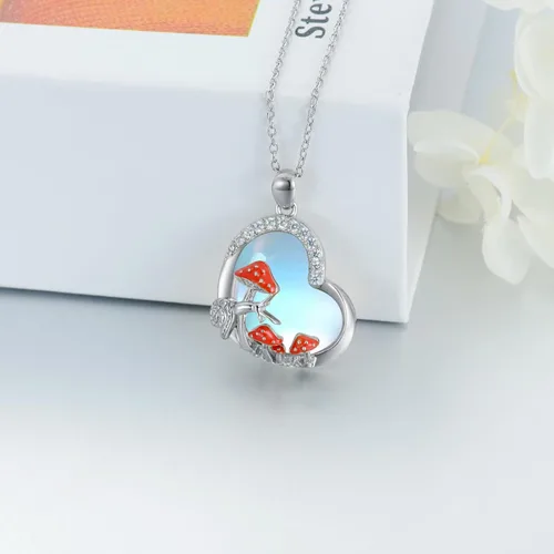 Vista 3 de LELOUCHY Moonstone Necklace for Women 925 Sterling Silver Heart Necklace Highland CowMushroom Pendant Necklace Cute Animal Necklace Jewelry Gifts