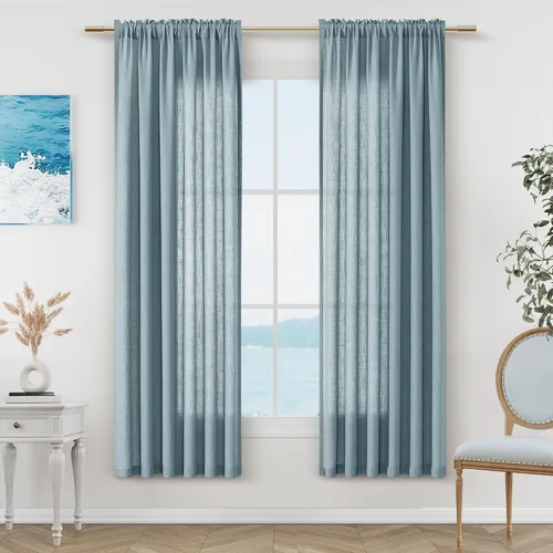 Vista 80 de Cortinas de lino verde aguamarina de 84 pulgadas de largo, juego de 2 paneles semitransparentes con bolsillo para barra para comedor, decoración