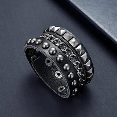 Vista 2 de TURTLEDOVE Pulsera de cuero punk – Pulsera de cuero gótica con tachuelas de metal – Accesorios punk rock de los años 80 para hombres y mujeres