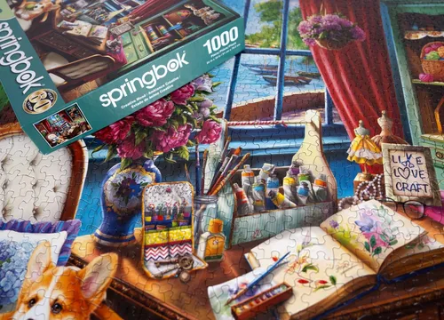 Vista 4 de Springbok Creative Mood - Rompecabezas de 1000 piezas para adultos, corgi en estudio de arte, piezas de corte único, fabricado en Estados Unidos