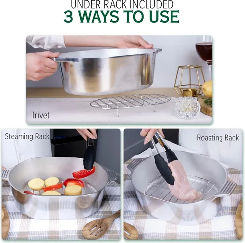 Vista 8 de MAGNAWARE Horno holandés ovalado de aluminio fundido con tapa, sartén resistente de 5 cuartos de galón con estante y cubierta de silicona con asas
