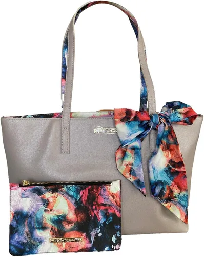 Vista 2 de Betsey Johnson XO Zaria - Bolso de mano y bandolera con pulsera y bufanda color acuarela, Negro Floral