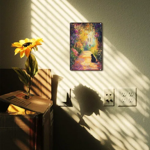 Vista 5 de Cartel de metal retro para decoración de pared con diseño de gato negro y jardín, 8 x 12 pulgadas, pintura al óleo de primavera, póster artístico