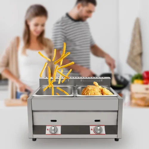 Vista 2 de Freidora de gas de 2 sartenes de 12 litros GLP comercial doble freidora con tapas, freidora de gas de acero inoxidable para encimera, freidora