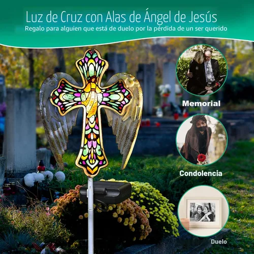 Vista 2 de YJFWAL Luz Solar de Estaca de Jardín con Cruz de Cristal, Decoraciones de Cementerio para Luces Exteriores de Tumba, Regalos Conmemorativos