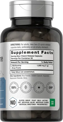 Vista 2 de Horbäach L-metionina 1000mg 100 cápsulas Sin OMG, sin gluten Suplemento de forma libre